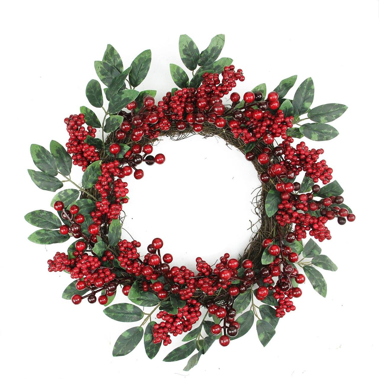 18" Red Berries & Two-Tone Green Leaves Artificial Wreath, Unlit